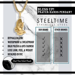 Steeltime 18K Gold Plated Stainless Steel Praying Hands Pendant with 24" Inch Box Chain Necklace | Serenity prayer necklace | Religious Necklace for Men & Women | Gold