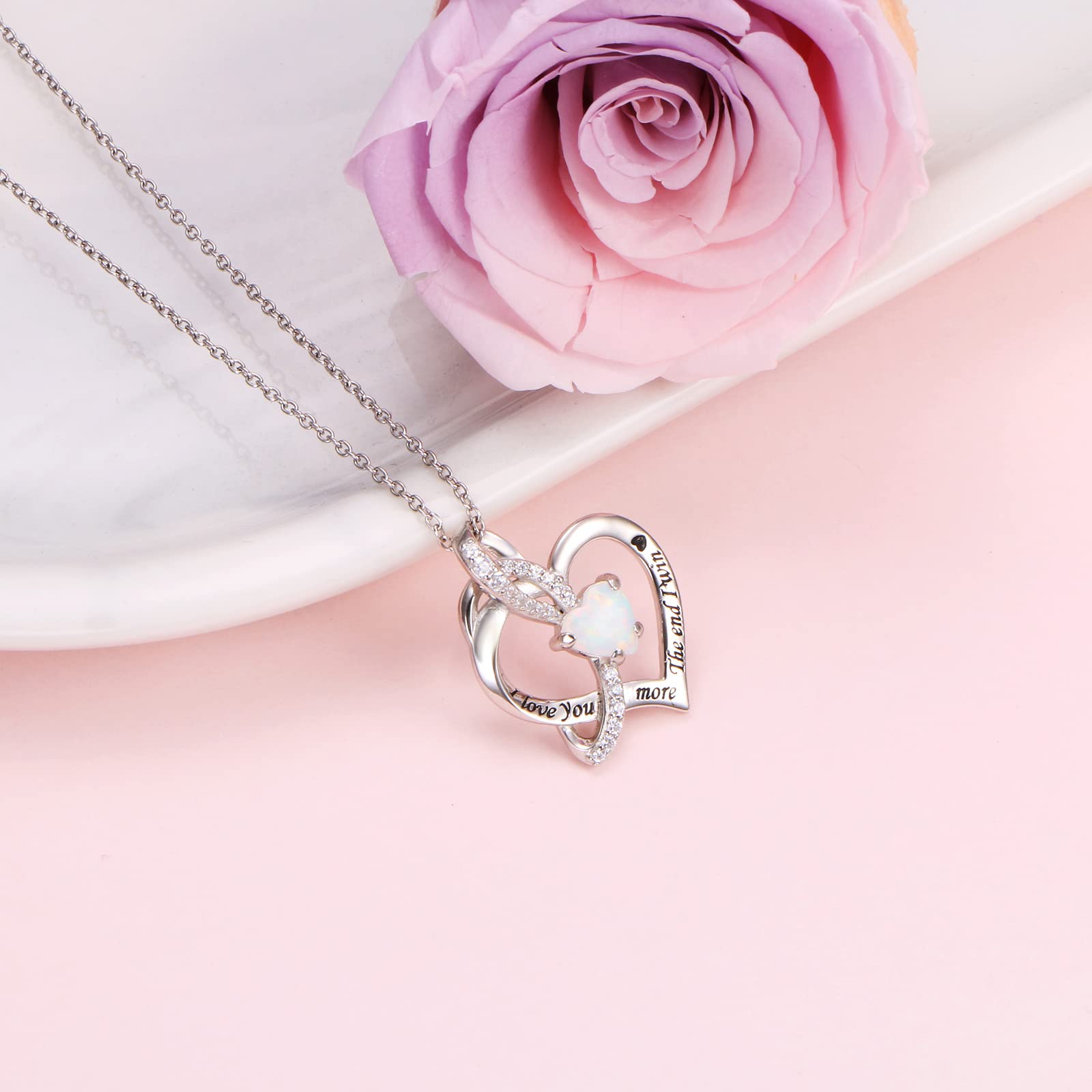 Valentine's Day Jewelry, 925 Sterling Silver Engraved I Love You More The End I Win Lab Opal CZ Infinity Heart Charm Pendant Necklace Jewelry for Women Friend Wife,18 inch