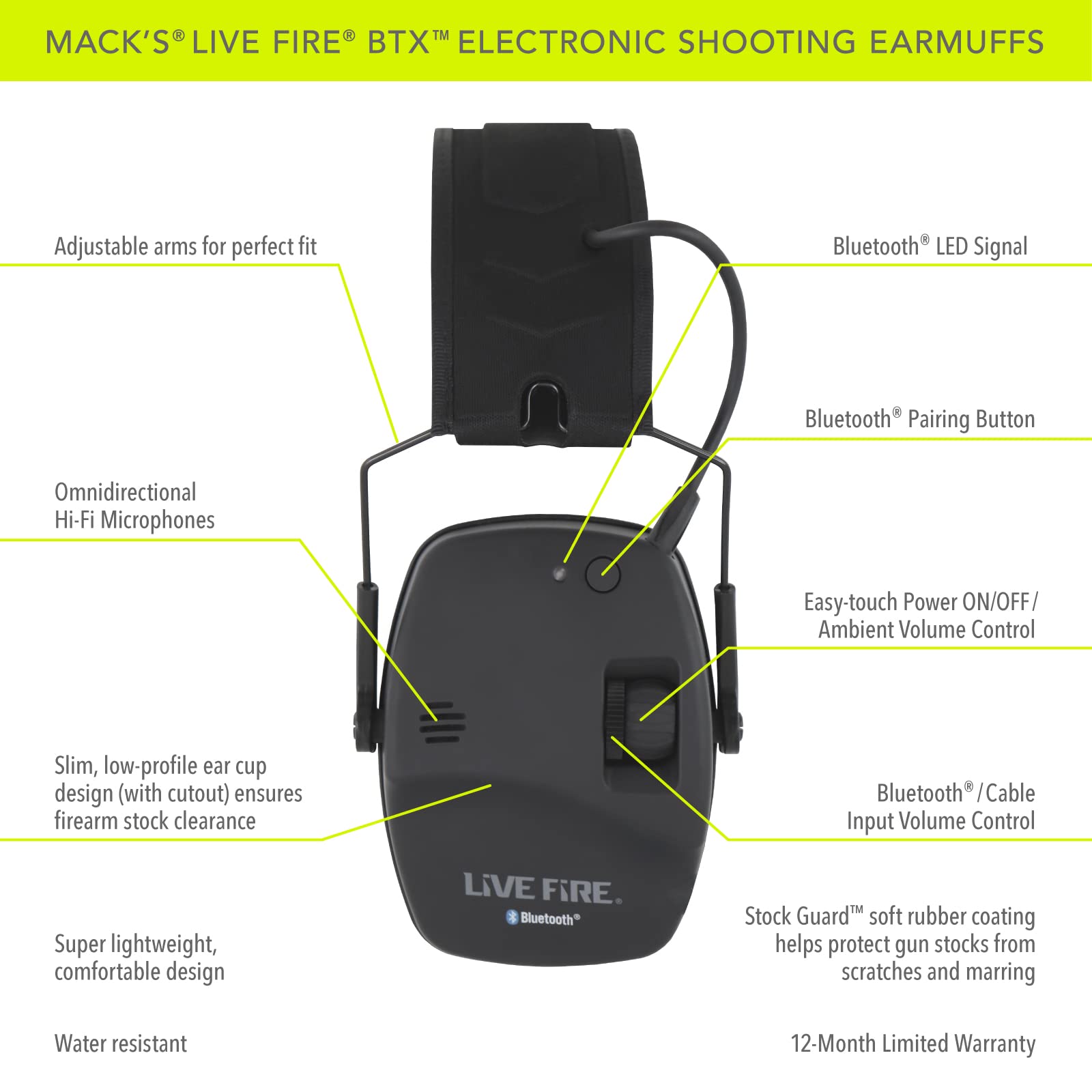 Mack's Live Fire BTX Electronic Shooting Earmuffs with Bluetooth Wireless Technology for Hunting, Tactical, Target, Skeet and Trap Shooting