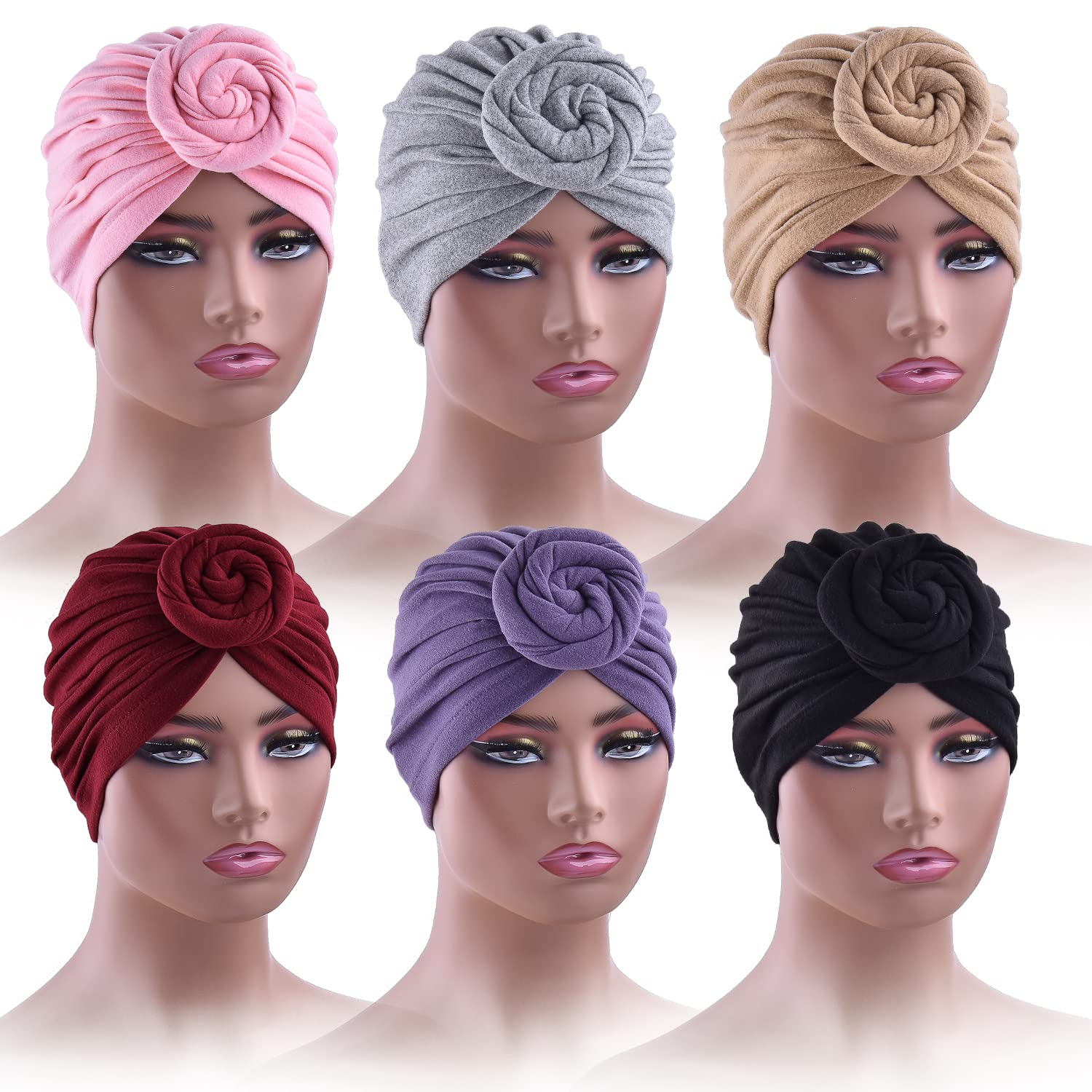 6 Pcs Head Wrap for Women Turban Hats Headband African Twist Knot Pre-Tied Headwraps for Female Beanie Caps