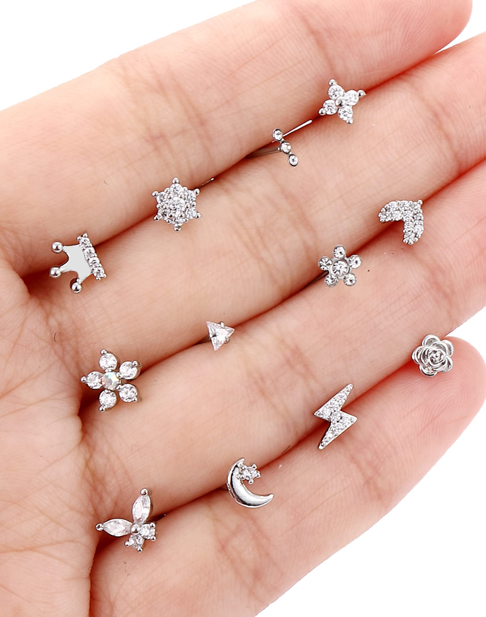 Akeoqi 12Pcs Nose Stud L Shape Nose Rings Cubic Zirconia Butterfly Flower Eye Moon Heart Crown Lightning Piercing Jewelry for Women Men 20G Silver Tone