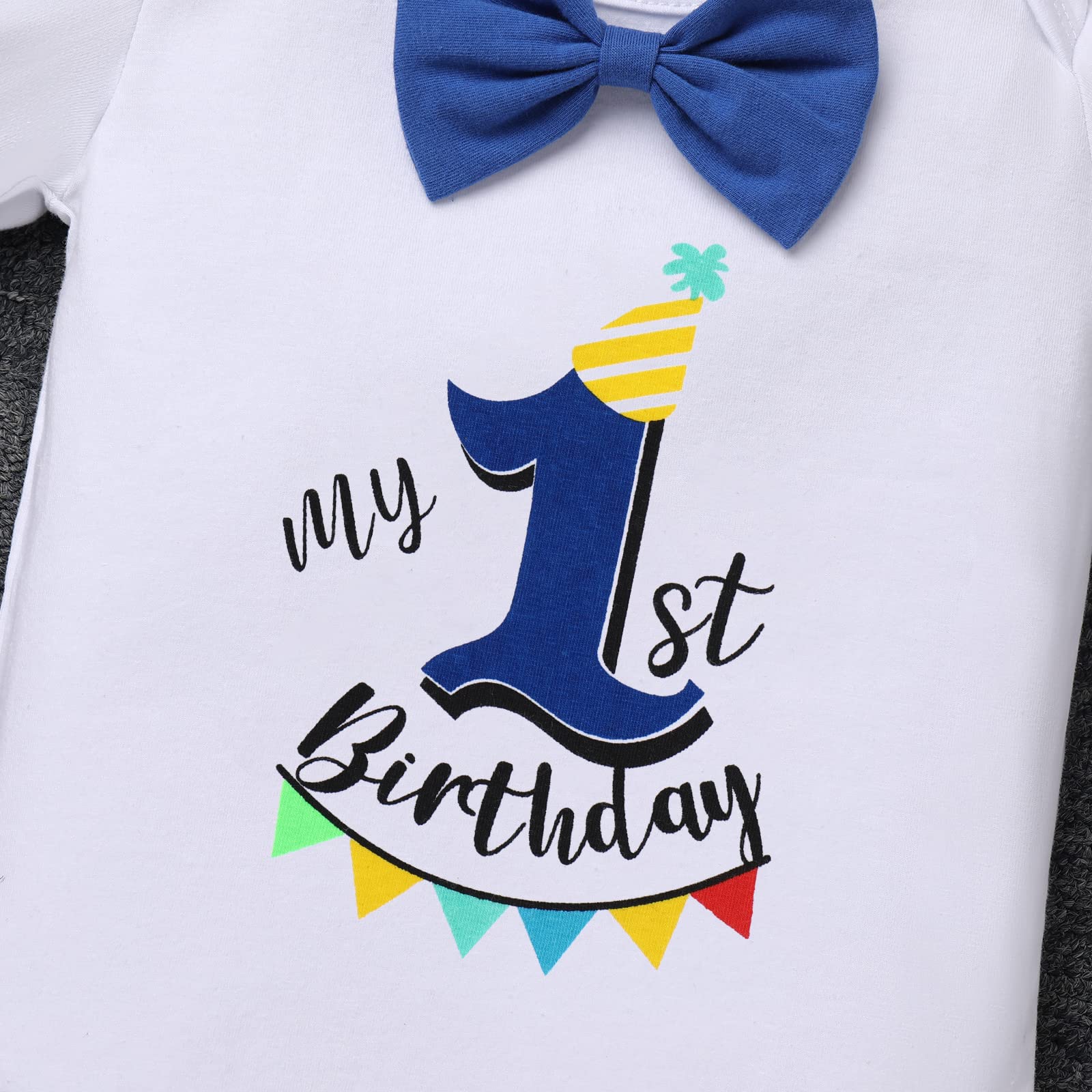 1st First Birthday Outfit Baby Boy Cake Smash One Year Old Party Newborn Toddler Bow Tie Cotton Short Sleeve Romper Shorts Pants Y-back Suspenders 3PCS Clothes Set Photo Shoot Royal Blue 12-18 Months