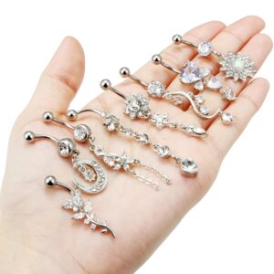 Vsnnsns 14G Belly Button Rings for Women Stainless Steel CZ Opal Long Dangle Belly Button Piercing Jewelry Belly Rings Bars Curved Navel Ring Barbell Body Jewelry Piercing for Women Men Silver 8Pcs