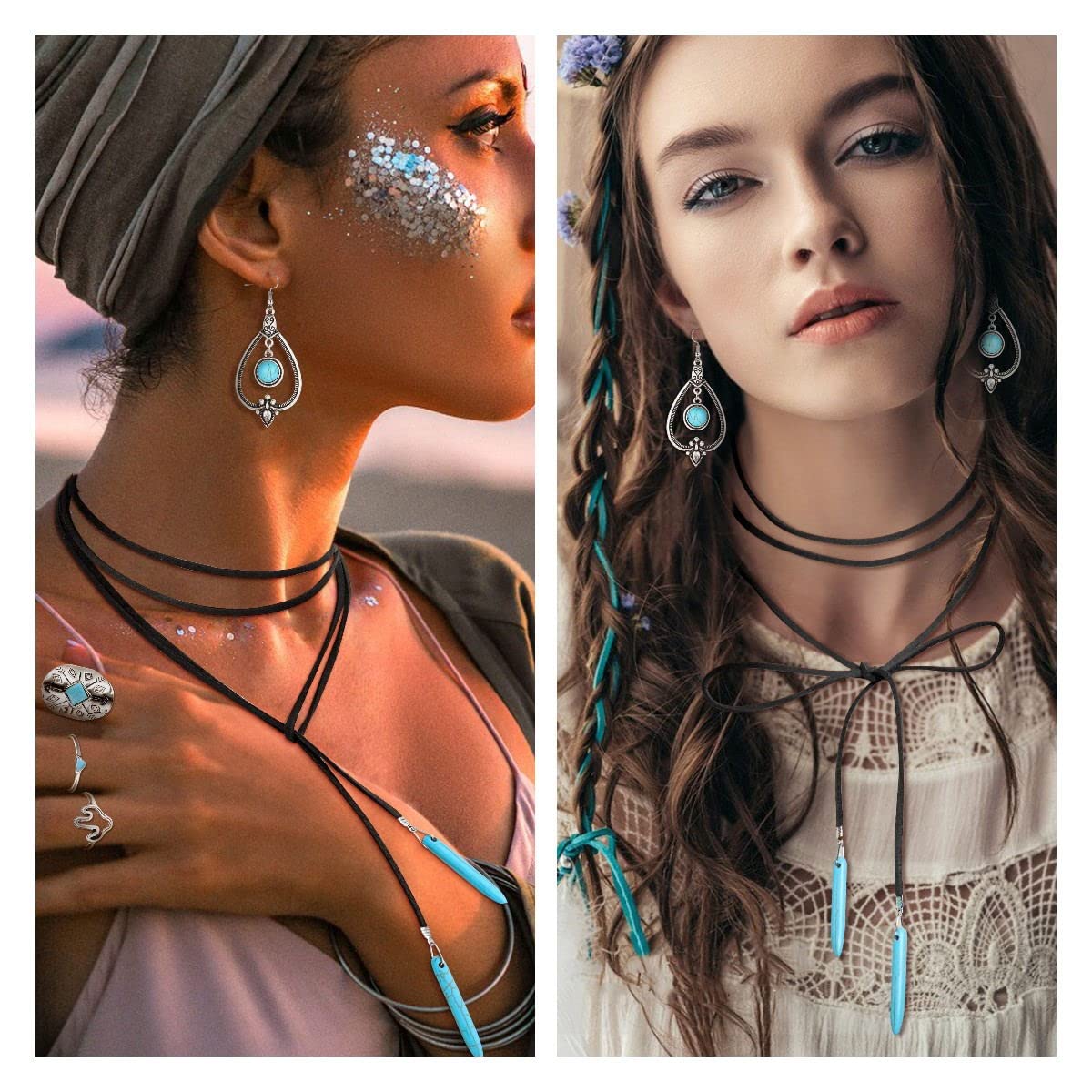 Sanfenly Bohemian Turquoise Jewelry Pendant Suede Long Choker Necklace Vintage Turquoise Statement Dangle Earrings Boho Leather Cuff Bracelet with Stackable Knuckle Rings Set for Women, Metal, Cubic