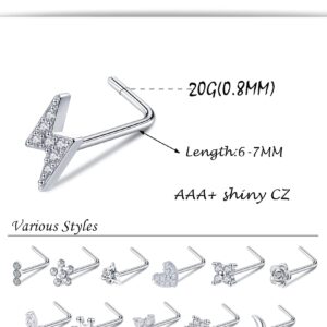 Akeoqi 12Pcs Nose Stud L Shape Nose Rings Cubic Zirconia Butterfly Flower Eye Moon Heart Crown Lightning Piercing Jewelry for Women Men 20G Silver Tone