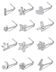 akeoqi 12pcs nose stud l shape nose rings cubic zirconia butterfly flower eye moon heart crown lightning piercing jewelry for women men 20g silver tone