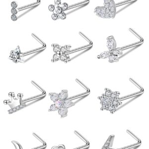 Akeoqi 12Pcs Nose Stud L Shape Nose Rings Cubic Zirconia Butterfly Flower Eye Moon Heart Crown Lightning Piercing Jewelry for Women Men 20G Silver Tone