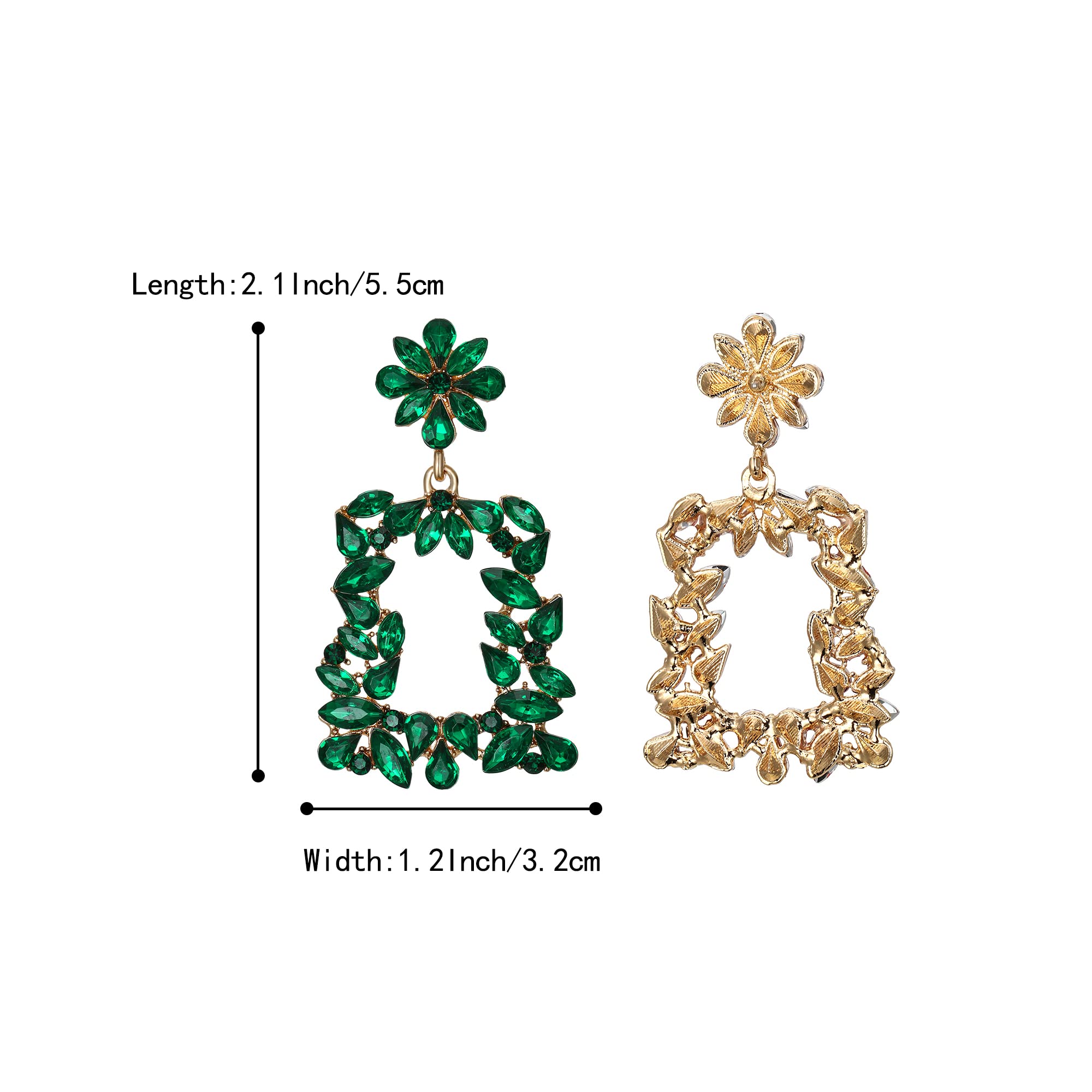 BriLove St.Patrick's Day Earrings Art Deco Sparkly Rhinestone Marquise Rectangle Flower Statement Dangle Earrings for Women Emerald Color Gold-Tone