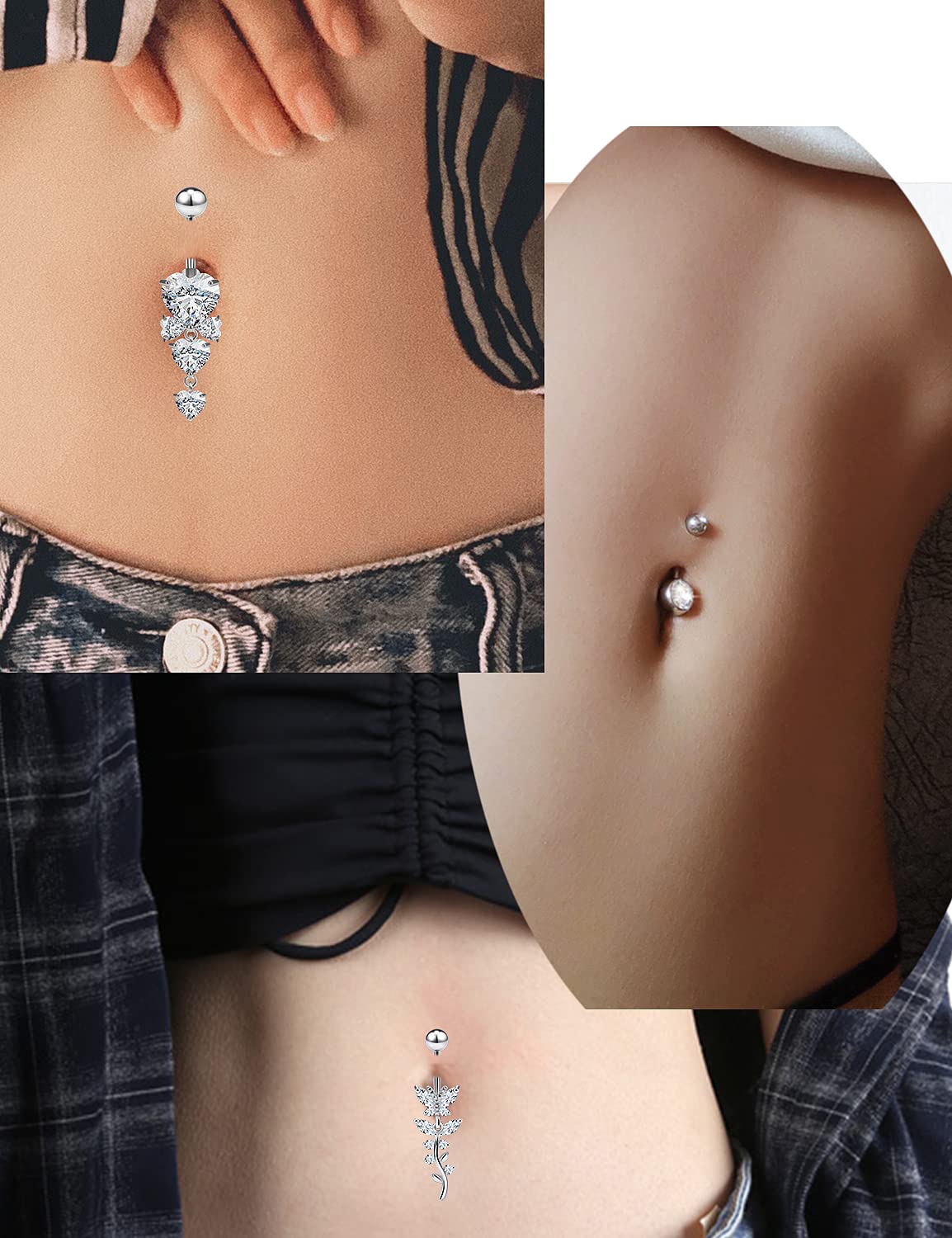 Vsnnsns 14G Belly Button Rings for Women Stainless Steel CZ Opal Long Dangle Belly Button Piercing Jewelry Belly Rings Bars Curved Navel Ring Barbell Body Jewelry Piercing for Women Men Silver 8Pcs