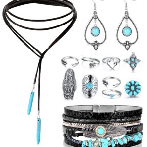 Sanfenly Bohemian Turquoise Jewelry Pendant Suede Long Choker Necklace Vintage Turquoise Statement Dangle Earrings Boho Leather Cuff Bracelet with Stackable Knuckle Rings Set for Women, Metal, Cubic