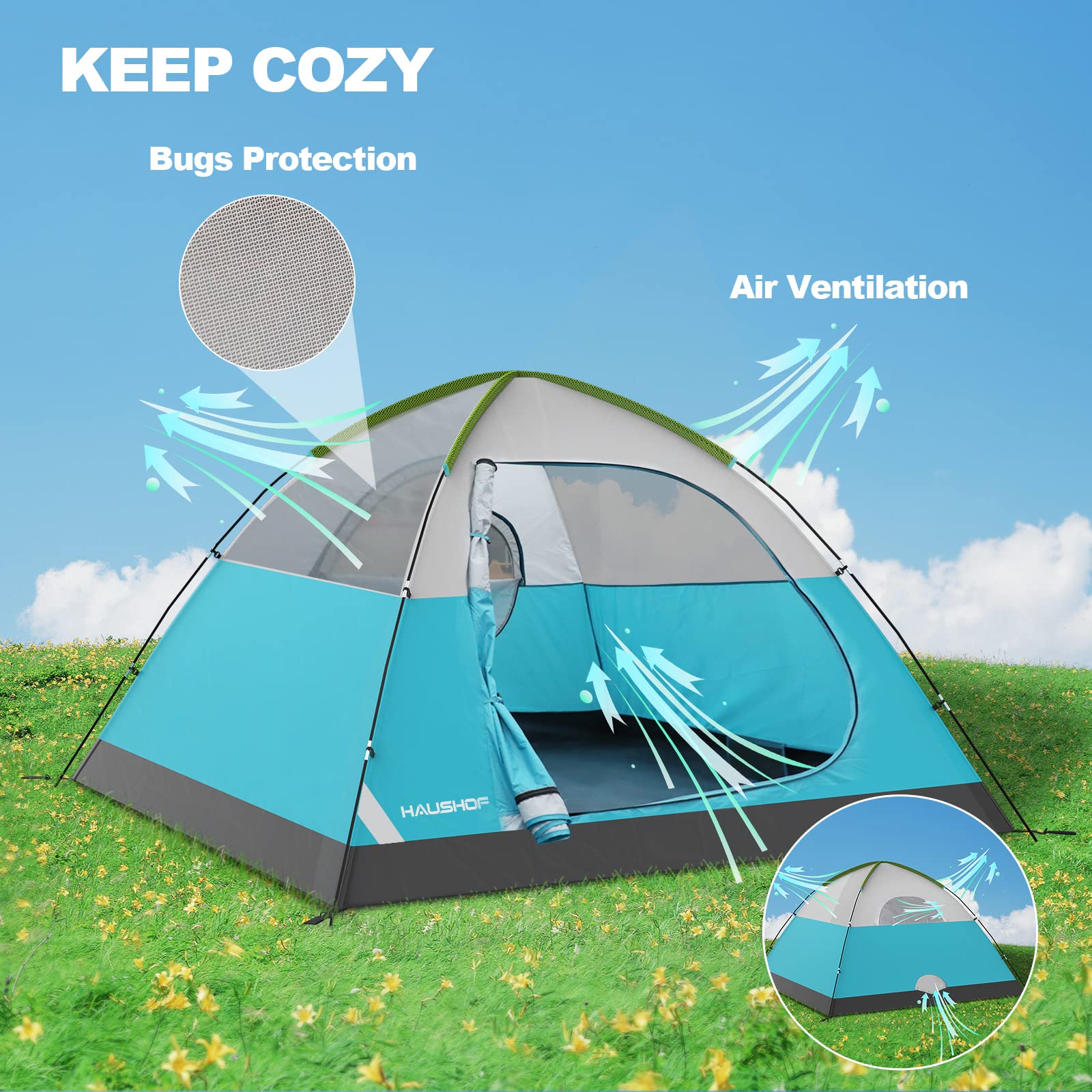 HAUSHOF 2/4-Person Family Dome Tent with Removable Rain-Fly, Easy Set Up Portable Camping Tent for Backpacking Hiking Backyard Outdoor, Green/Blue/2-person/4-person