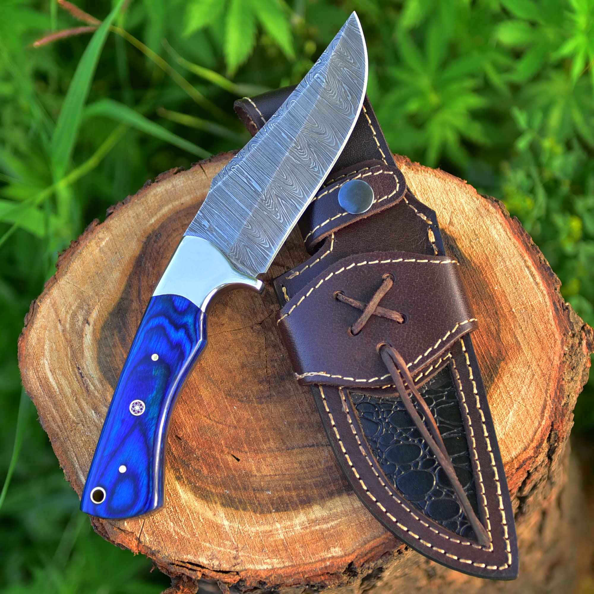 BG Knives 9.25" Overall Length Handmade Damascus Steel Hunting Fixed Blade Skinner Knife With Leather Sheath, Pakkawood Handle BG-133