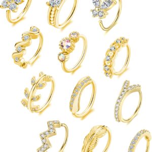 Akeoqi 12Pcs Nose Ring Hoop Cartilage Earring Cute Leaf Star CZ Butterfly Paved Nose Piercing Jewelry 20G for Women men Gold Tone