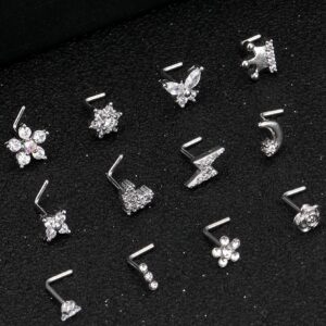 Akeoqi 12Pcs Nose Stud L Shape Nose Rings Cubic Zirconia Butterfly Flower Eye Moon Heart Crown Lightning Piercing Jewelry for Women Men 20G Silver Tone