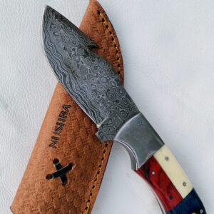 NUSHBA 012 Handmade Damascus Gut Hook Skinning Hunting Knife With Cow Brown Leather Sheath- Best Damascus Steel American Flag Handle Hunting Knife