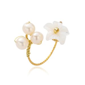 Dainty Shell Pearl Flower Statement Ring for Women Gold Plated Faux Pearls Ball Open Wrap Rings Comfort Fit Adjustable Expandable Handmade Birthday Wedding Anniversary Jewelry Gift