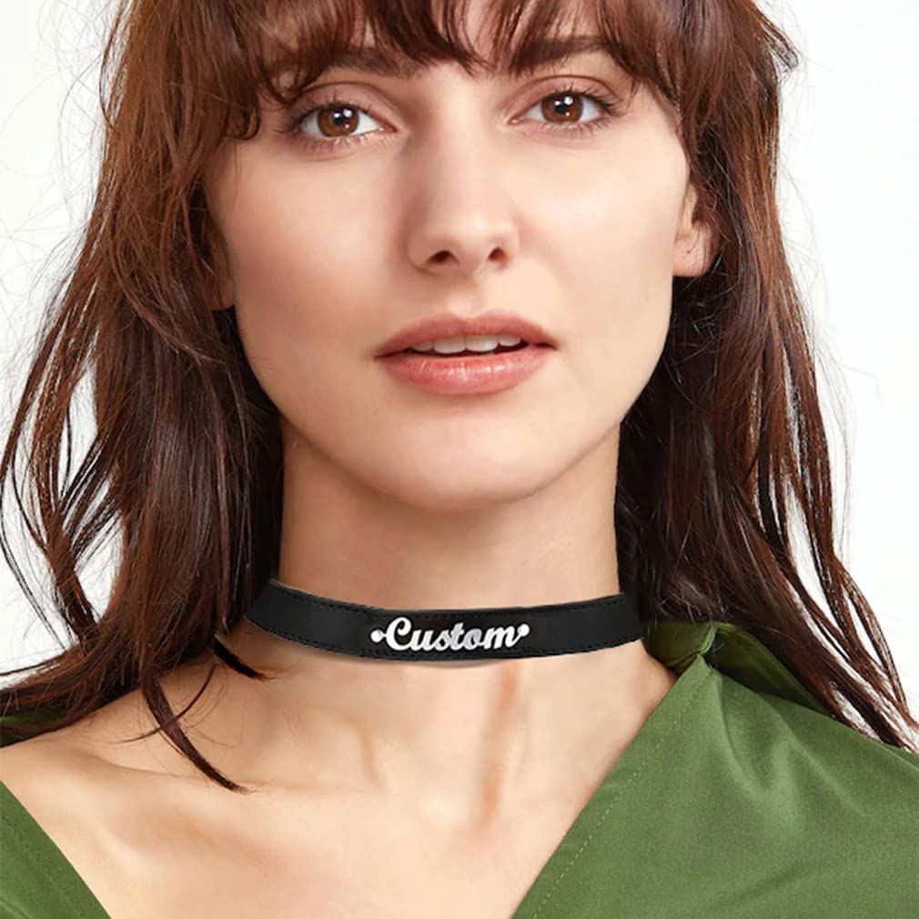 Custom4U Personalized Leather Choker Collar Necklace Name Engraved Choker Nameplate Charm Black Goth Choker Punk Jewelry for Women