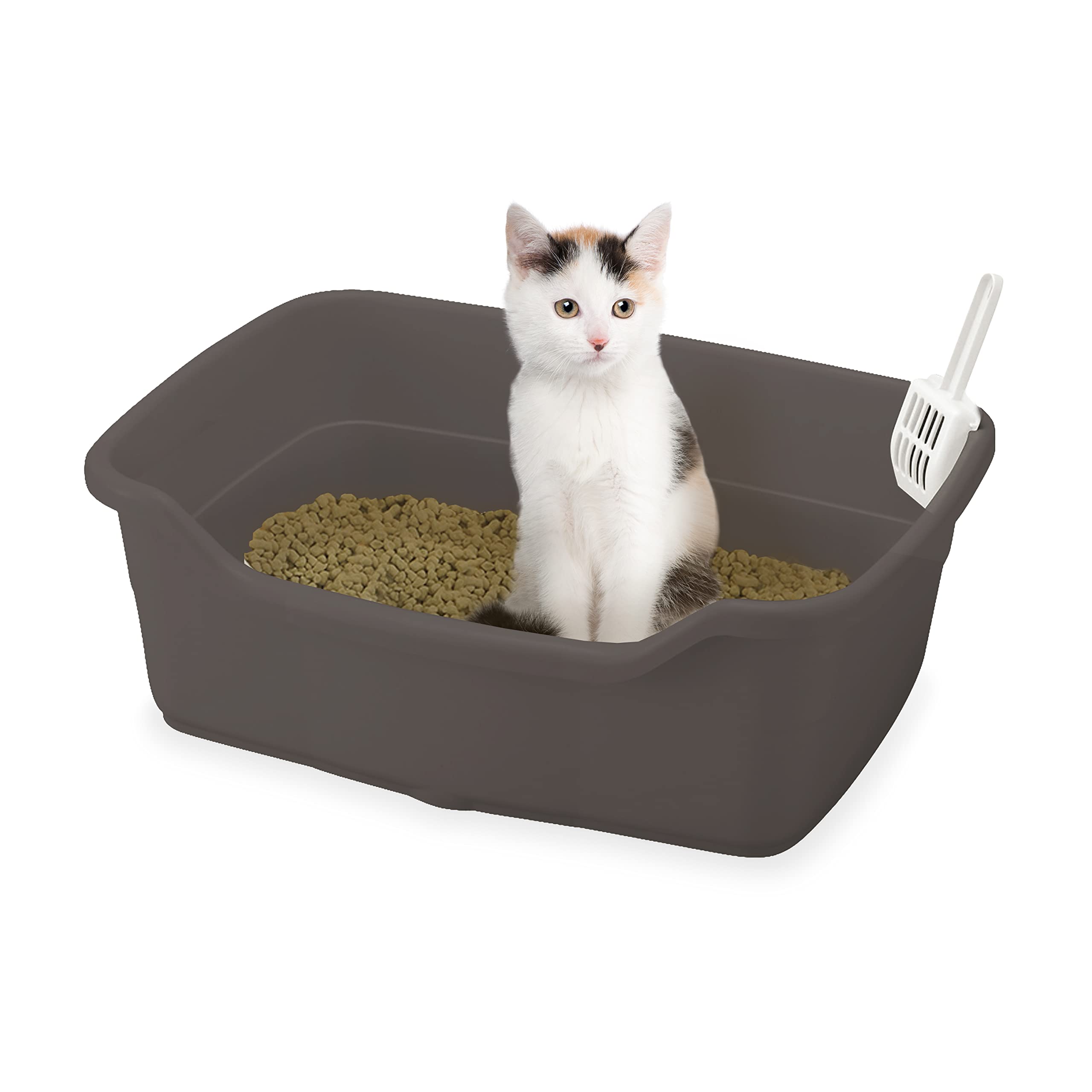 Richelle PAW TRAX Wide Cat Litter Pan in Brown, Rectangular Cat Litter Pan with Scoop | Plastic and Durable - Ideal for Big Cats and Multi-Cat Households