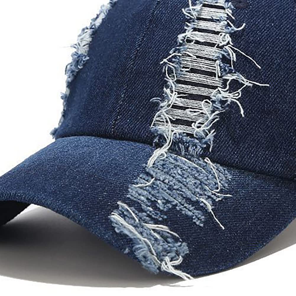 XYIYI Denim Dark Blue Vintage Washed Distressed Baseball Cap Adjustable Cotton Jean Dad Hat for Women Mens