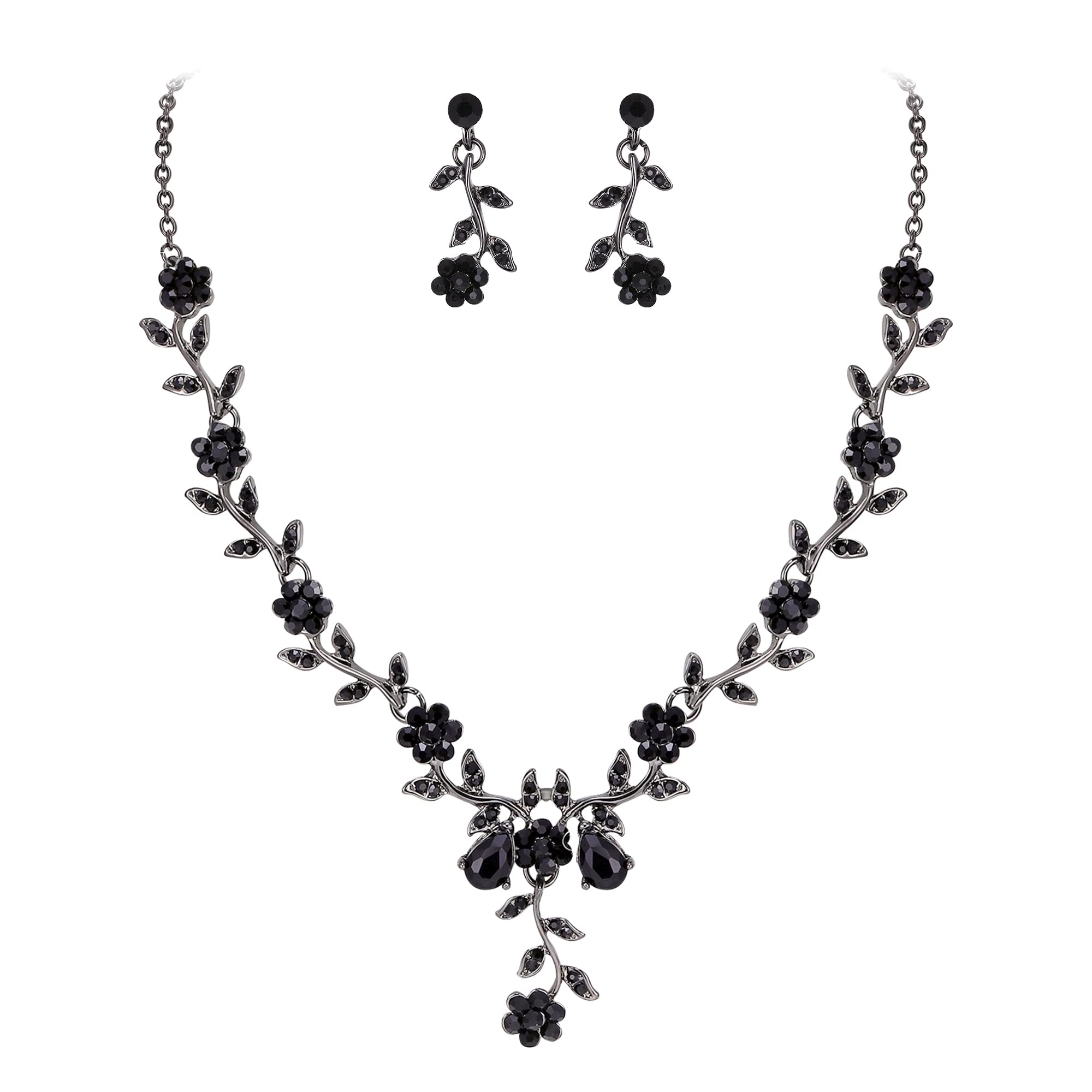 BriLove Women's Wedding Jewelry Leaf Cluster Flower Crystal Dangle Earrings Pendant Necklace Set for Bridal Black Black-Tone