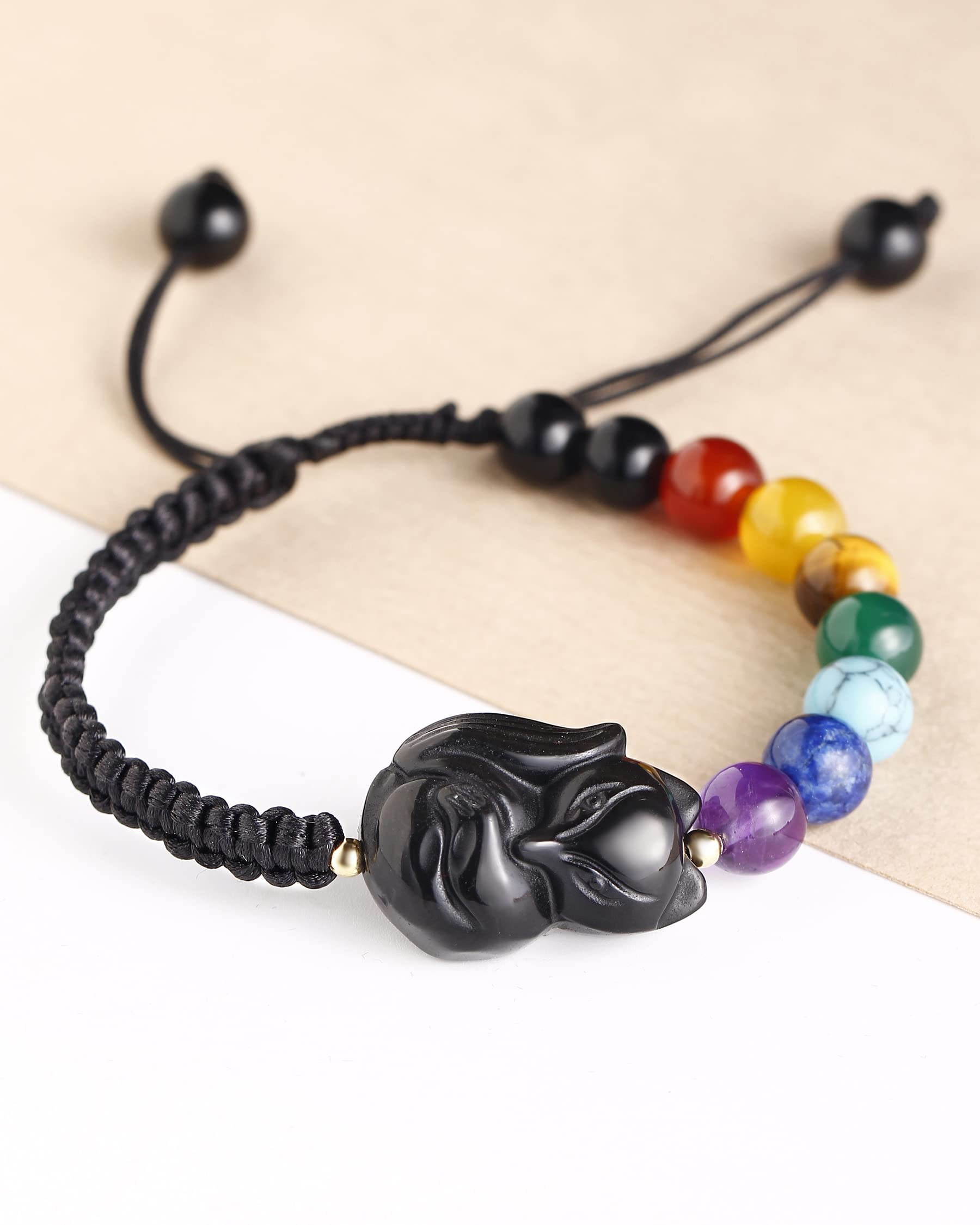 Jewever 7 Chakra Bracelet for Women Fox Black Obsidian Crystals and Gemstones Braided Rope Natural Stone Yoga Meditation Beads Bangle