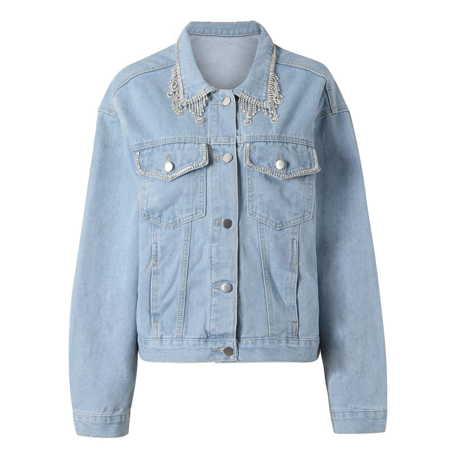 Women's Jean Jacket Rhinestone Tassel Denim Jackets Fashion Diamond Crystal Fringe Button Cropped Trucker Jackets