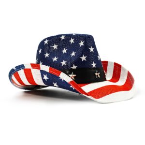 FLUFFY SENSE. American Flag Cowboy Hat USA Vintage Western Style Party Parade Rodeos Patriotic Unisex Cowboy Cowgirl Hat (US, Alpha, Medium, Large, Blue USA Pride)