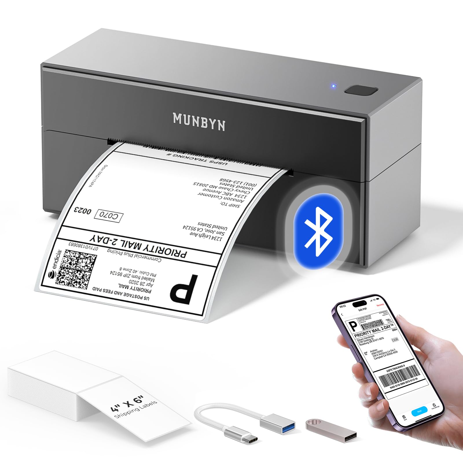 Bluetooth Thermal Label Printer, Munbyn 4x6 Shipping Label Printer for Shipping Packages, Compatible with iOS, Android, PC, Mac, Chrome OS, Etsy, Ebay, Shopify, Amazon, USPS and More