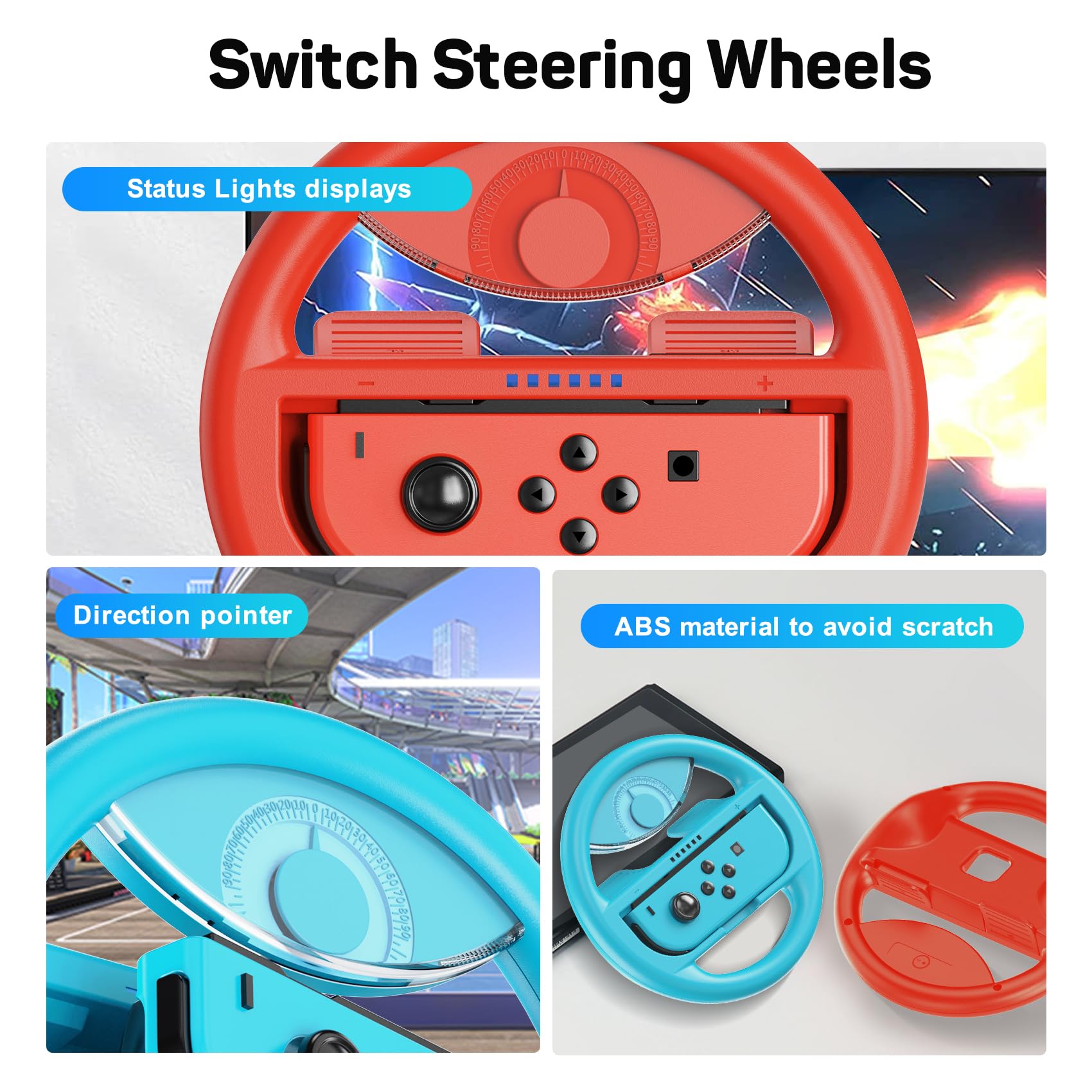 Switch Steering Wheel Grips for Switch Controller & Joycon Hand Grips 4 Pack for Mario Kart 8 Deluxe,Accessories Racing Wheel Kit Grips(Blue &Red)