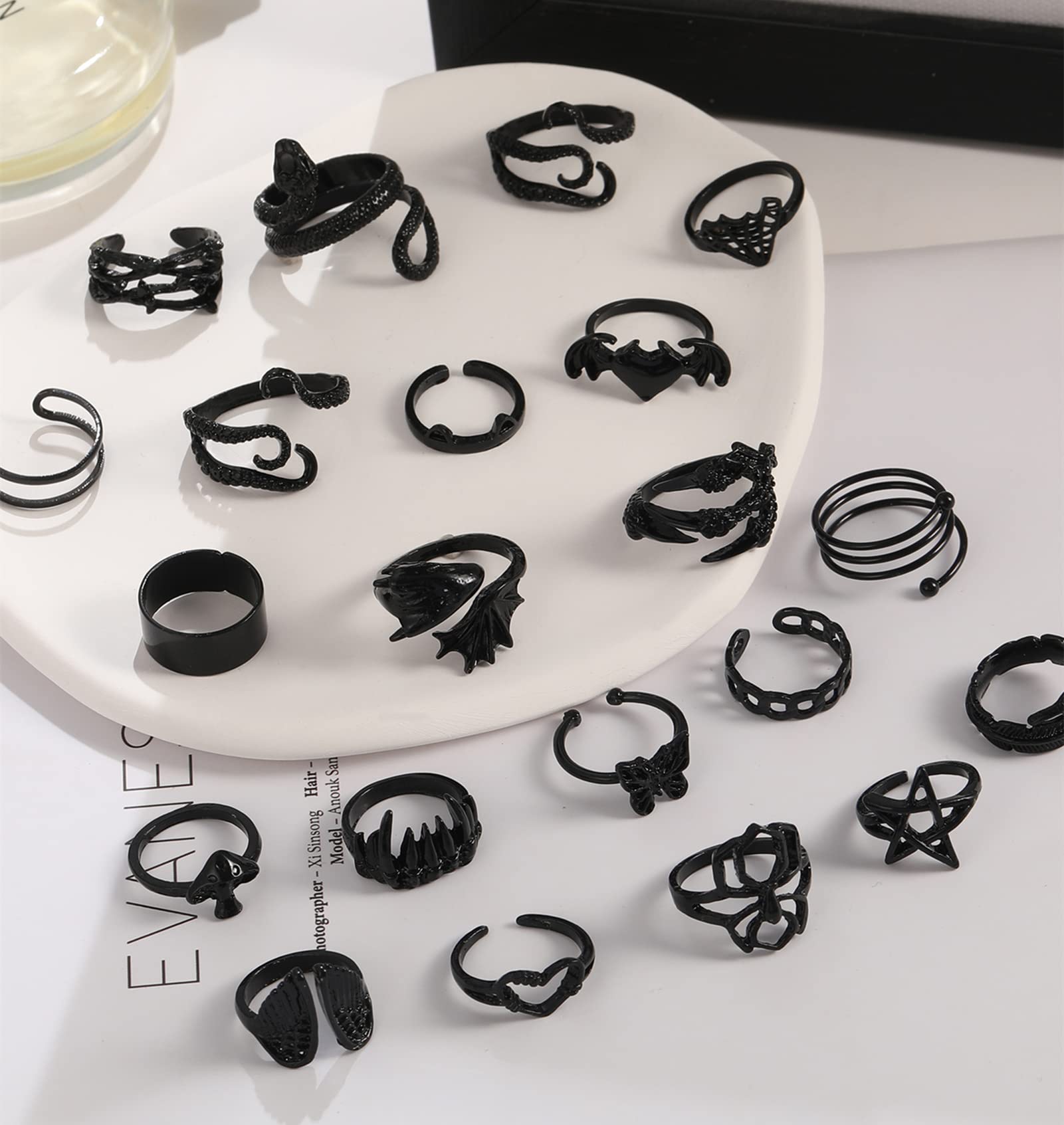 IF ME Rings Set - 20 PCS Black Gothic Vintage Rings, Y2K Snake Claw Rings, Open Butterfly Star Stacking Ring Jewelry, for Men Women Boys (Black 1, Size 5-9)