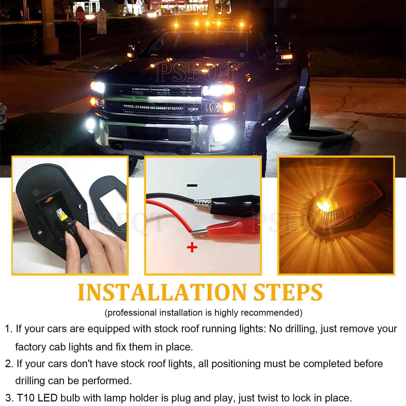 PSEQT 5Pcs Cab Roof Marker Lights Amber LED Top Clearance Marker Light Compatible with F150 F250 F350 1980-1997 Super Duty Pickup Trucks 12V Signal Running Lights with Amber Cover & T10 LED