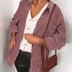 Saslax Womens Corduroy Shirt Long Sleeve Oversized Button Up V Neck Blouses Tops Loose Shacket Jacket with Pockets Mauve L