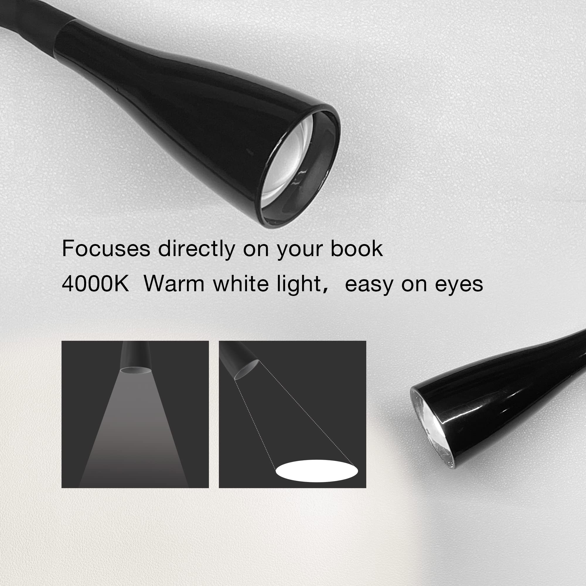 Wall Reading Light, Book Light for Reading in Bed, Touch Control USB Output Modern Reading Lamp,5 Dimmable LED Flexible Gooseneck 4000k Bed Lights, Easy to Install Black