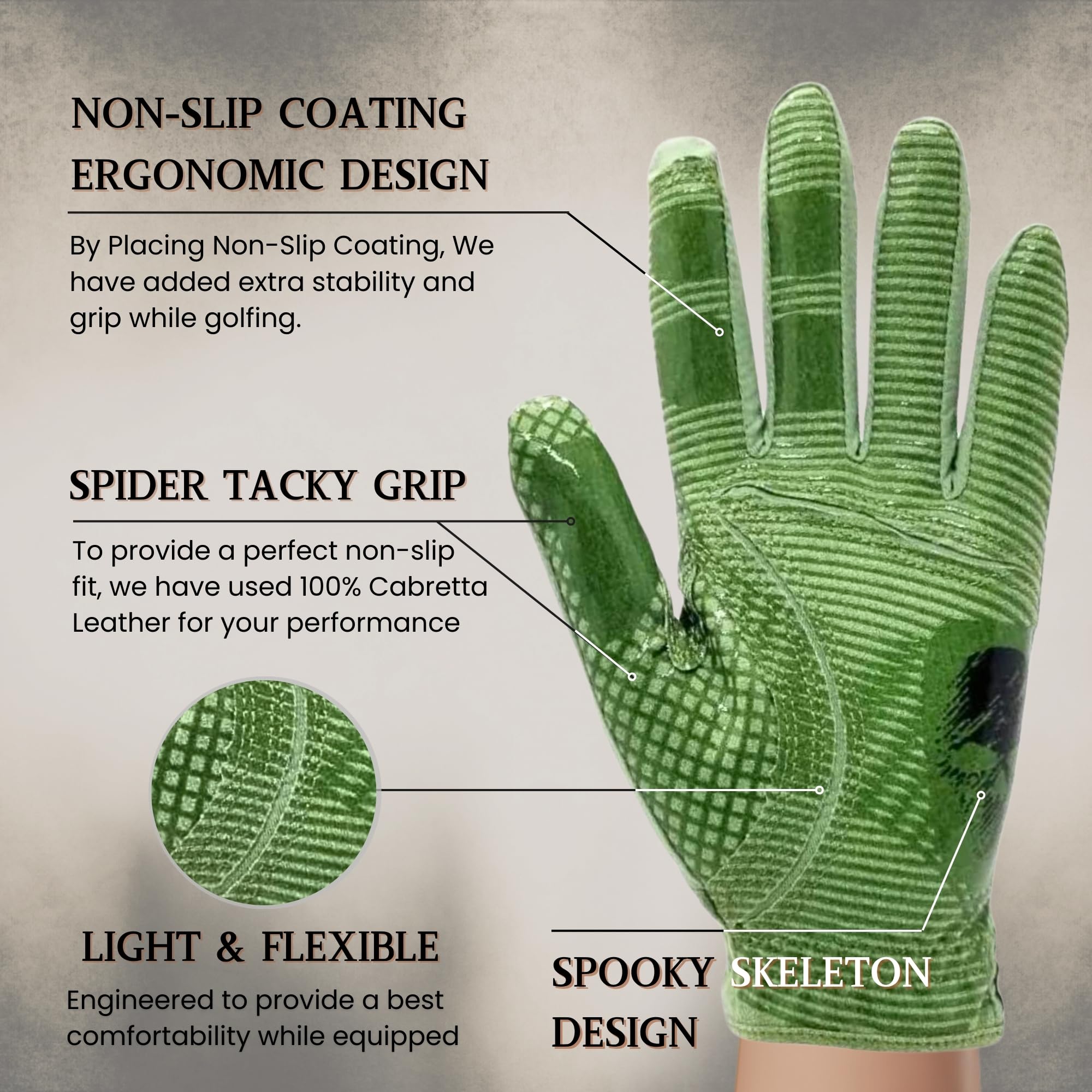 XEIRPRO Copper Tech Men's Golf Gloves - Skeleton Pattern with Ball Marker – Perfect for Summer - Copper Infused Mens Golf Gloves (Green/Black, XL, Left)