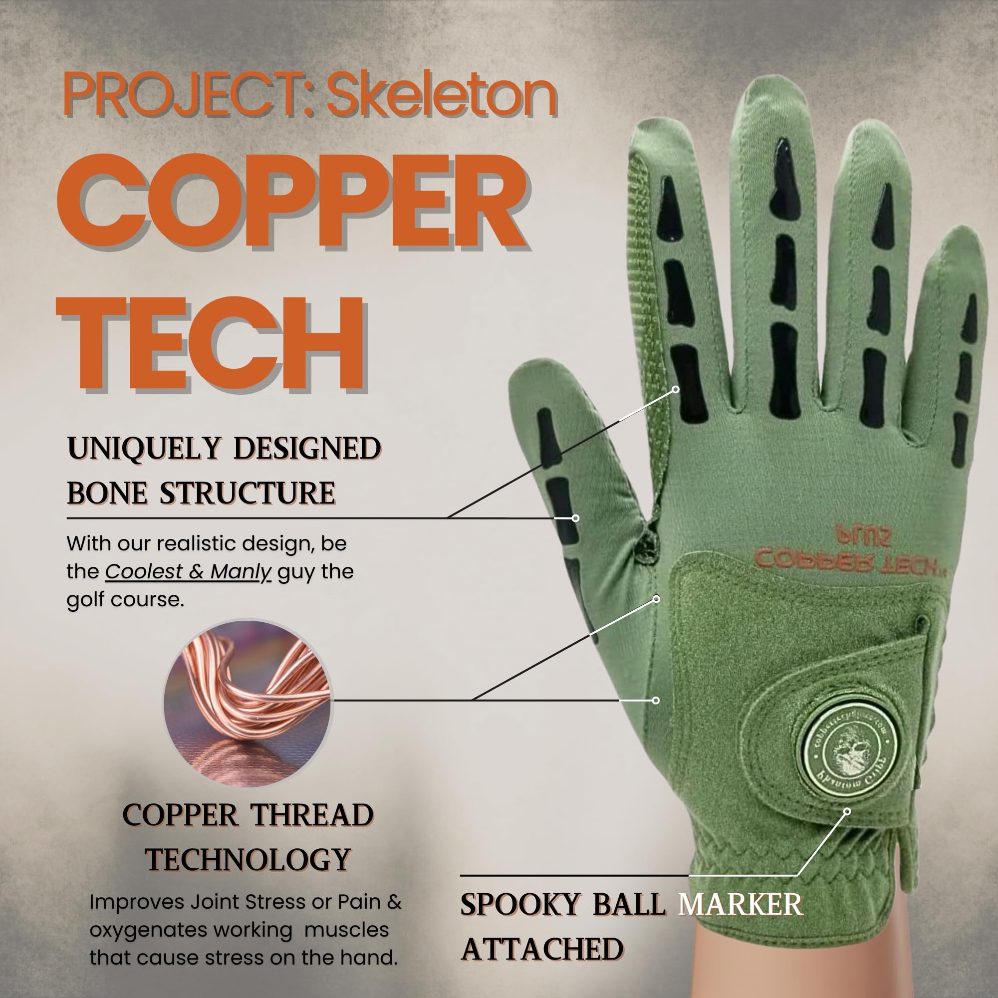 XEIRPRO Copper Tech Men's Golf Gloves - Skeleton Pattern with Ball Marker – Perfect for Summer - Copper Infused Mens Golf Gloves (Green/Black, XL, Left)