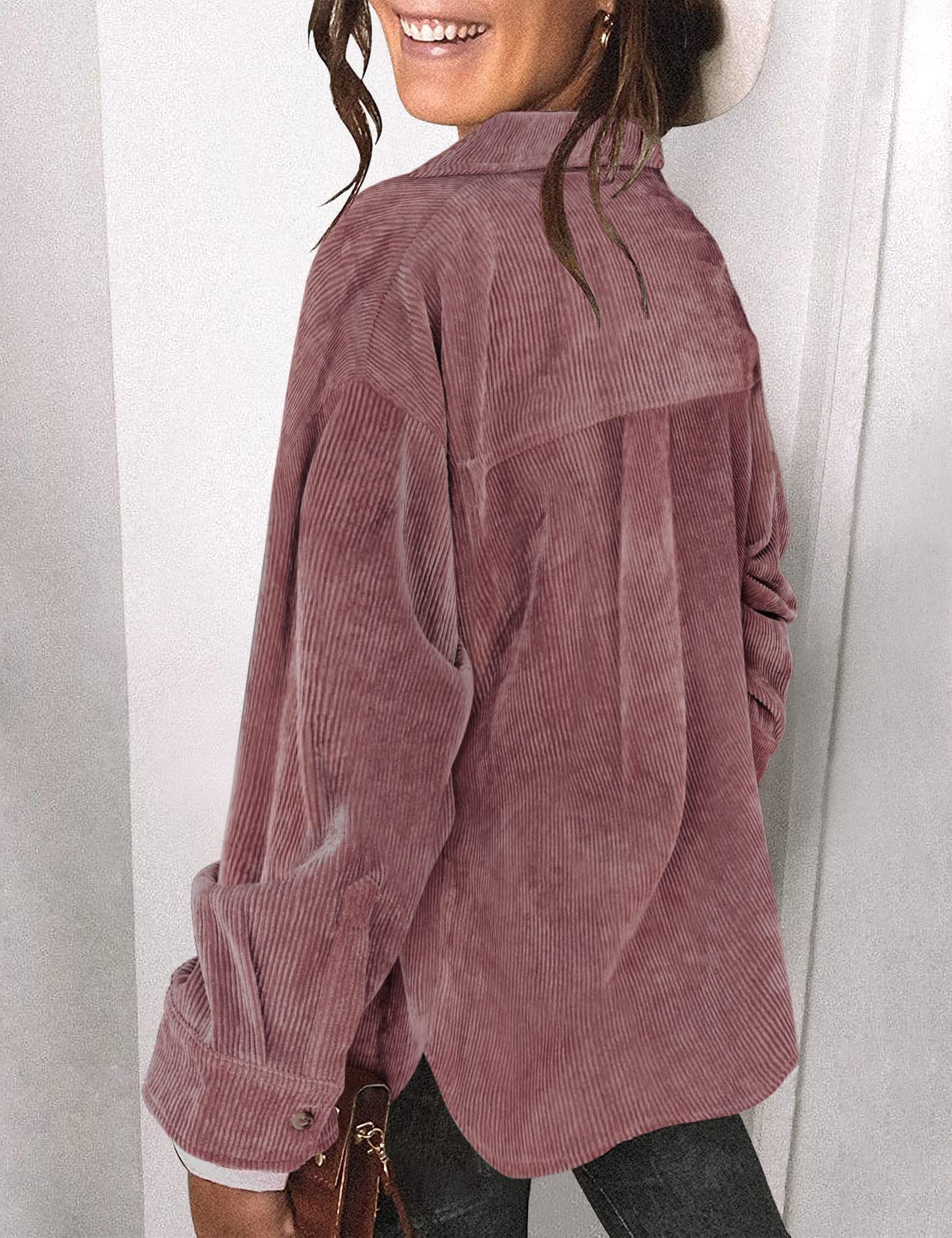 Saslax Womens Corduroy Shirt Long Sleeve Oversized Button Up V Neck Blouses Tops Loose Shacket Jacket with Pockets Mauve L