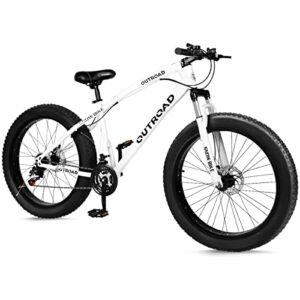 paname 26 inch fat tire mountain bike with 4 inch knobby tires, 21 speed mtb with dual disc brake, anti-slip fat bike with front suspension, high carbon steel frame, men and women (white)