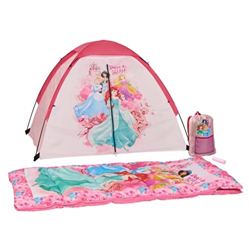 Exxel Outdoors Disney Princess Kids Camp Set - Tent, Backpack, Sleeping Bag and Flashlight - 4 Piece Indoor/Outdoor Princess Kids Set,Multi,D-4SLGFL20PRN