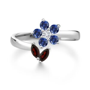 Gem Stone King 925 Sterling Silver Red Garnet Blue Created Sapphire and White Lab Grown Diamond Flower Open Ring For Women (0.72 Cttw, Gemstone January Birthstone, Available In Size 5, 6, 7, 8, 9)