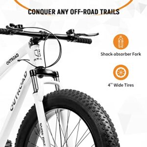 PanAme 26 inch Fat Tire Mountain Bike with 4 inch Knobby Tires, 21 Speed MTB with Dual Disc Brake, Anti-Slip Fat Bike with Front Suspension, High Carbon Steel Frame, Men and Women (White)