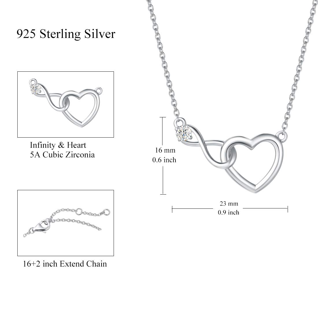 FANCIME Infinity Heart Necklace 925 Sterling Silver Cubic Zirconia CZ Simulated Diamond Infinity Love Pendant Necklaces Fine Jewelry Anniversary Birthday Gifts for Women Mom Her