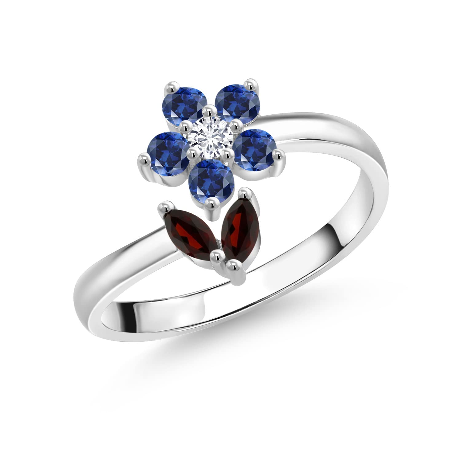 Gem Stone King 925 Sterling Silver Red Garnet Blue Created Sapphire and White Lab Grown Diamond Flower Open Ring For Women (0.72 Cttw, Gemstone January Birthstone, Available In Size 5, 6, 7, 8, 9)