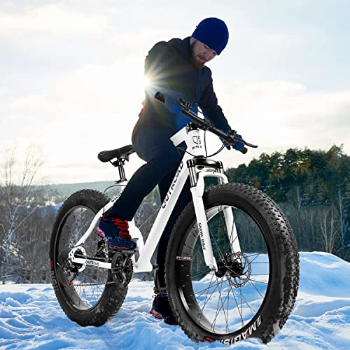 PanAme 26 inch Fat Tire Mountain Bike with 4 inch Knobby Tires, 21 Speed MTB with Dual Disc Brake, Anti-Slip Fat Bike with Front Suspension, High Carbon Steel Frame, Men and Women (White)