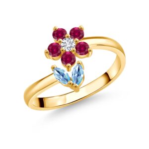 18k yellow gold plated silver swiss blue topaz red created ruby and white lab grown diamond flower open ring for women (0.54 cttw, gemstone november birthstone, available in size 5, 6, 7, 8, 9)