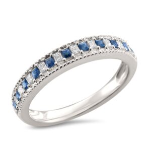 Beyond Brilliance 1/3 Carat Diamond, Pavé-Set 14K White Gold Princess Cut Diamond & Blue Sapphire Migraine Wedding Band Ring (H-I, SI2-I1) Natural Diamond Wedding Band For Women