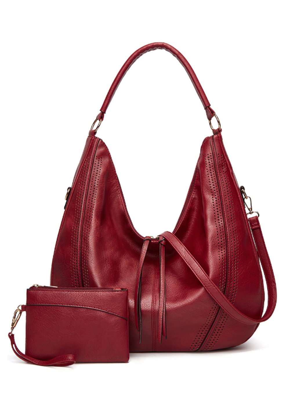 GJGJTER Women Vintage Hobo Shoulder Crossbody Bag Tote Handbag with Tassel Satchel 2pcs-Wine