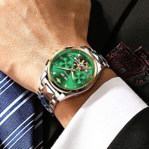 OUPINKE Mens Green Watches Automatic Skeleton Mechanical Self Winding Tourbillon Luxury Dress Wristwatch