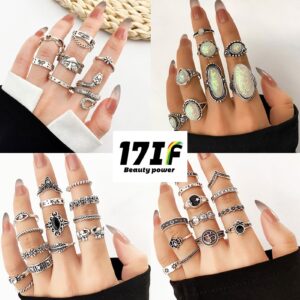 42 Pcs Vintage Silver Knuckle Rings Set for Women, Chunky 17IF Colorful Stone Rings Aesthetic Snake Grunge Stackable Gothic Ring Adjustable Y2K Punk Boho Finger Alt of Rings, Stacking Skull Moon Star Flower Link Midi Ring Pack