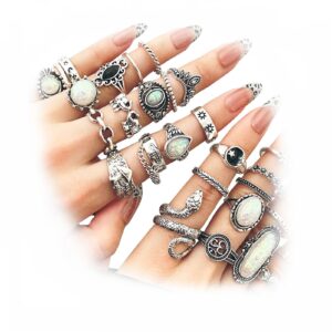 42 Pcs Vintage Silver Knuckle Rings Set for Women, Chunky 17IF Colorful Stone Rings Aesthetic Snake Grunge Stackable Gothic Ring Adjustable Y2K Punk Boho Finger Alt of Rings, Stacking Skull Moon Star Flower Link Midi Ring Pack