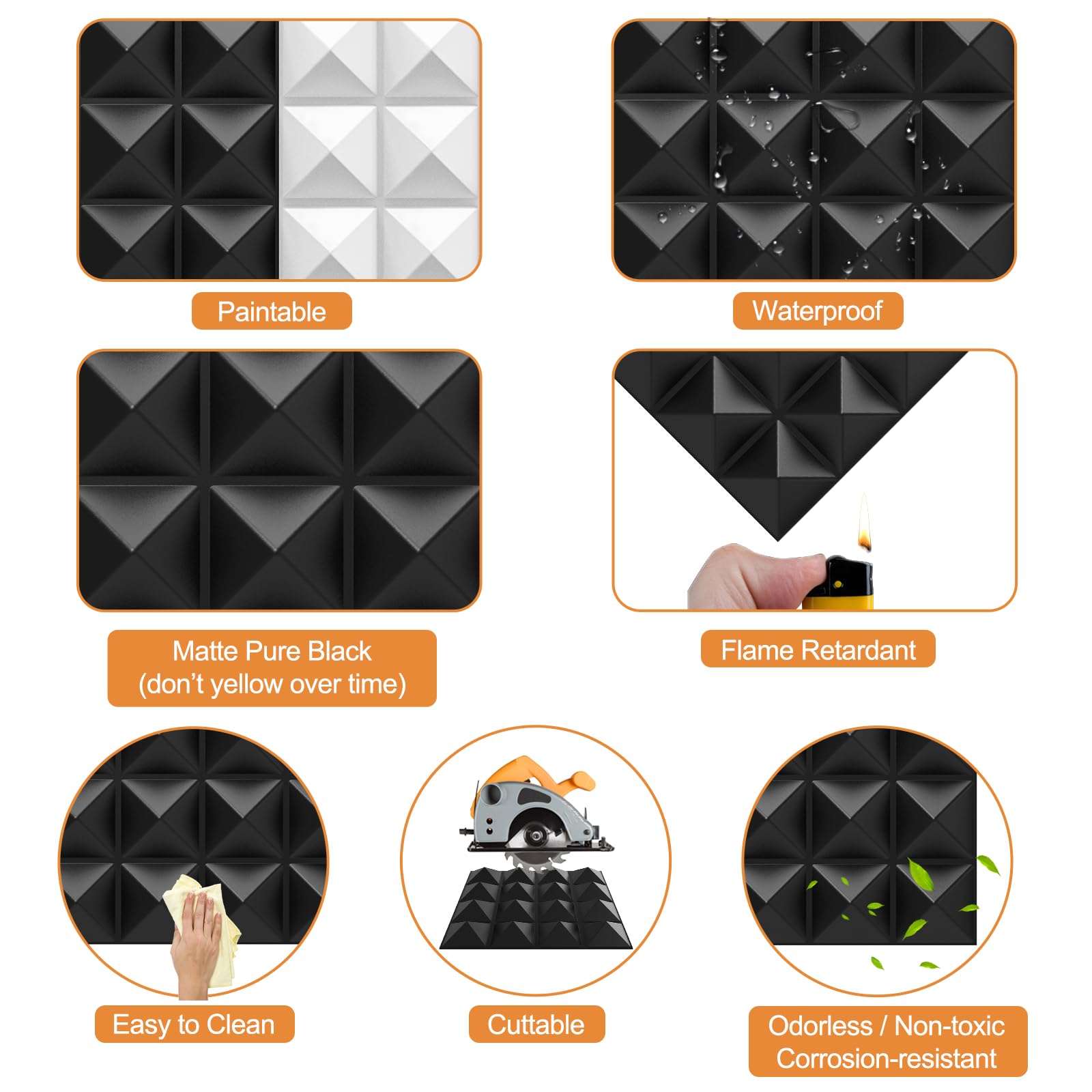 TroyStudio Acoustic Sound Diffuser Panels, 12 X 12 X 1 inches 8 Pcs PVC Plastic Wall Panel, Recording Studio Acoustical Treatments Diffusion Panel, 3D Art Decorative Ceiling Tiles (Pyramid, Black)